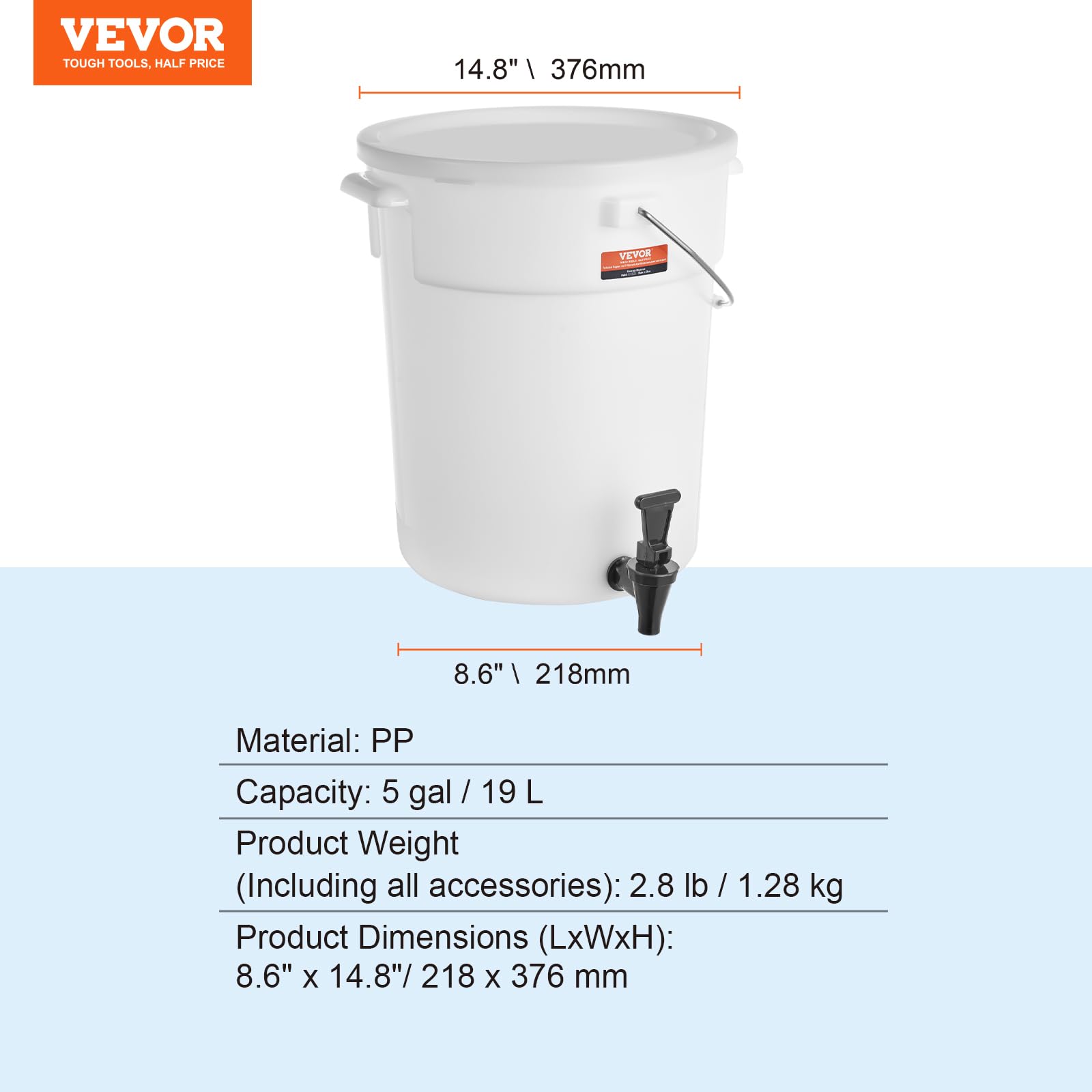VEVOR Dozownik napojów, 5 l dozowniki napojów na imprezy, plastikowy dozownik soku z czopem i pokrywką, mrożona herbata, lemoniada, dozownik wody, do restauracji, hoteli, imprez