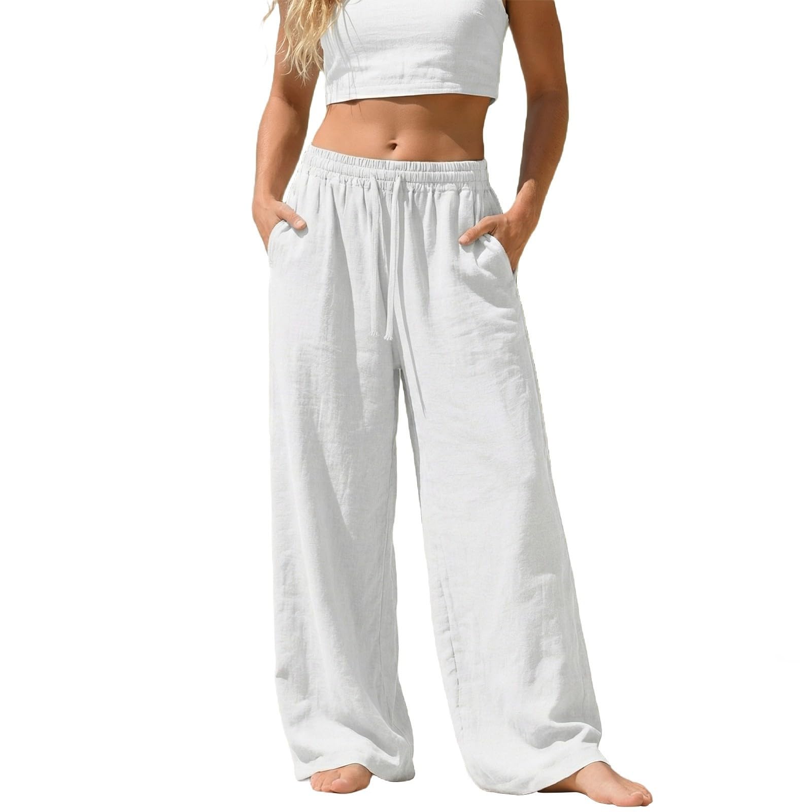 Mobanna Sommerhose Damen Leicht, Leinenhose Damen - Leichte Sommerhosen Lang Sommer Palazzo Weite Bein Hosen Stoffhose Große Größen Weites Pants Einfarbig Baumwolle Leinen Strandhose Mit Taschen