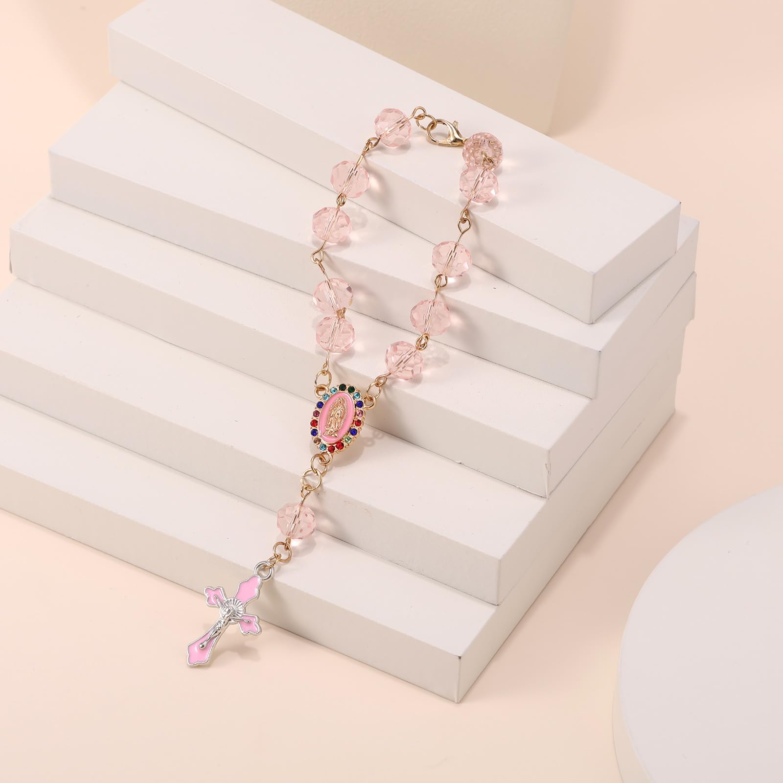 Rosario Auto da Appendere allo Specchietto Retrovisore, Ornamento Religioso a Forma di Croce con Ciondolo Cattolico Ideale per Battesimo Prima Comunione Matrimonio Uomo e Donna (Rosa)