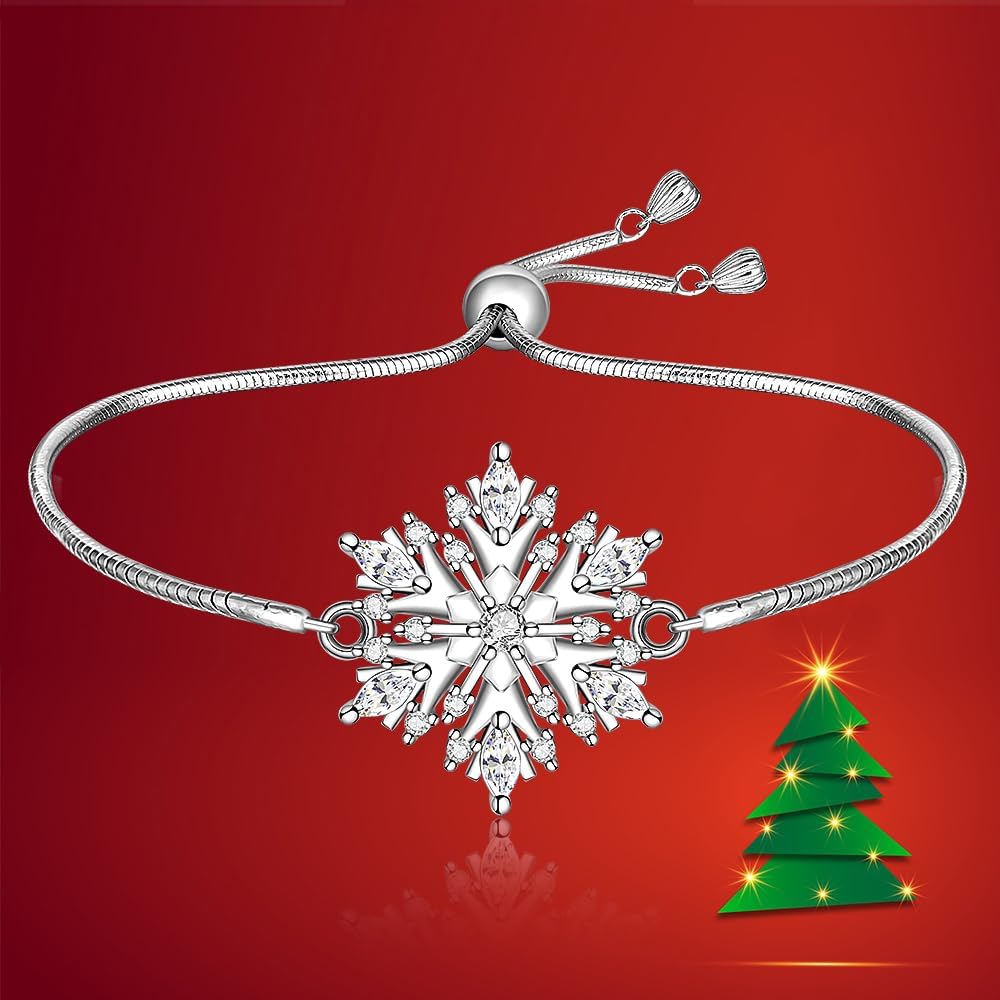 Fenthring Christmas Snowflake Bracelet for Women 925 Sterling Silver White Snowflake Bracelets Adjustable Cubic Zirconia Xmas Jewelry Valentines Holiday Gifts - Image 4