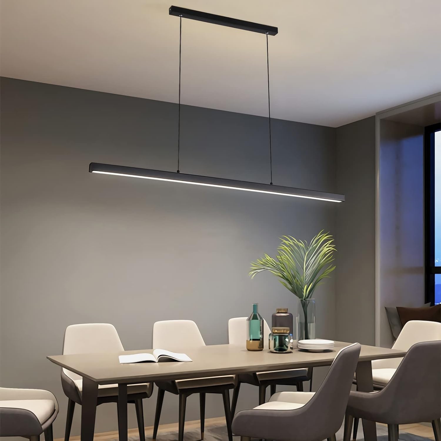 Moderna LED Lámpara colgante negra lineal largo, iluminación colgante regulable con control remoto 3000K - 6000K, lámpara de araña altura ajustable para comedor, cocina, sala, recamara (100cm)