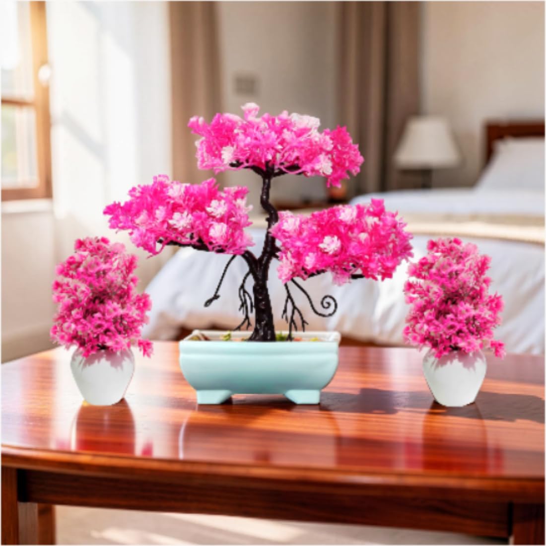 (Set of 3) Artificial Bonsai Tree 28 cm for Home Decoration Realistic Looks with 2 Small Pink Flowers pots 11 cm for Livingroom Bedroom Office Table Kitchen Indoor & Outdoor Balcony 2