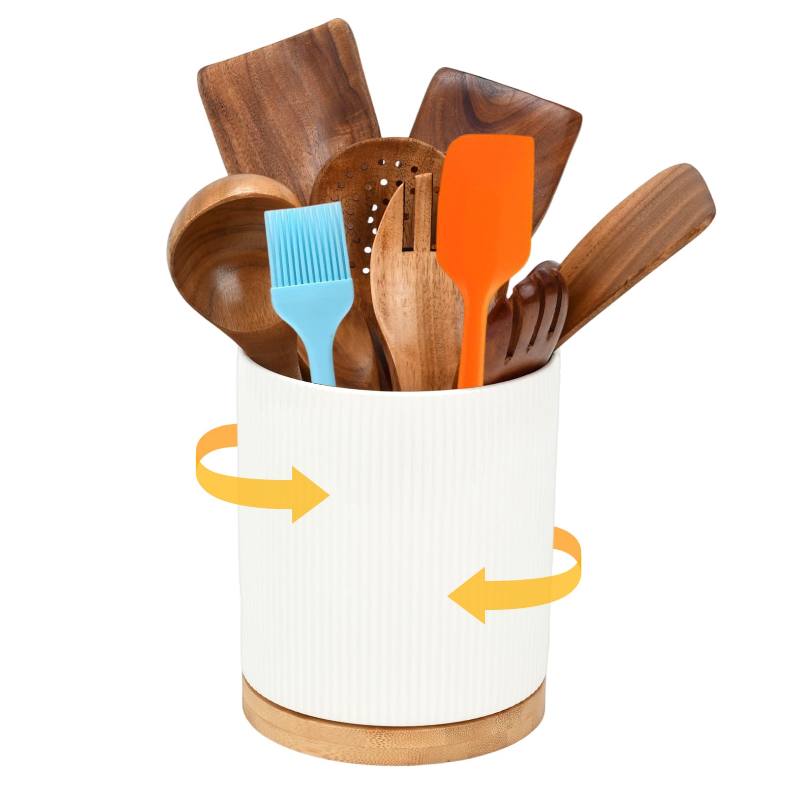 Moderner Küchenutensilienhalter aus Keramik, weißes geripptes Design mit Bambusboden, 360 Grad drehbar, 15,5 x 17,5 cm, Mehrzweck-Aufbewahrungsbehälter (weiß)