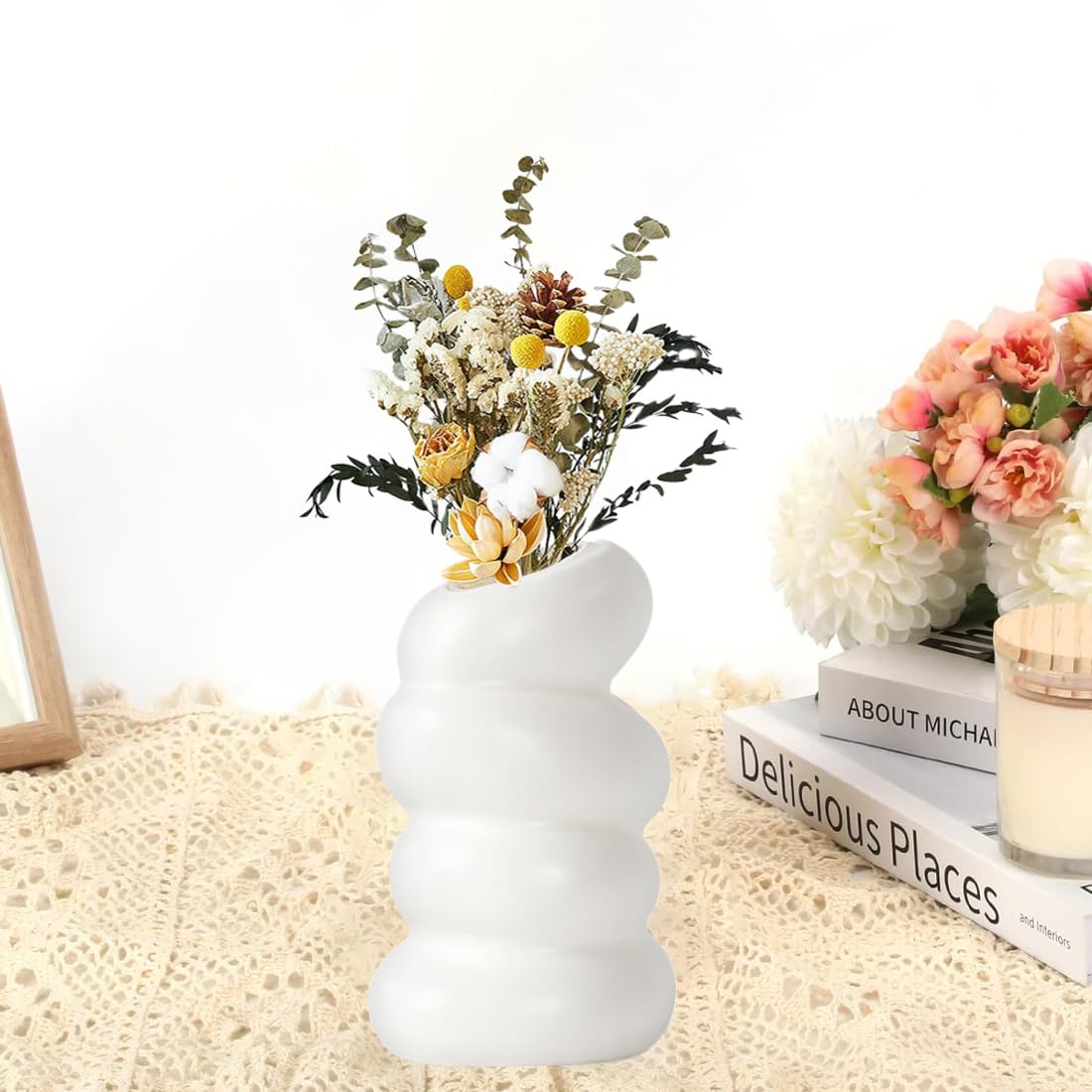 Durdiiy Vase En Spirale Blanc - Petit Vase Moderne En Plastique Pour Fleurs Séchées Et Décoration