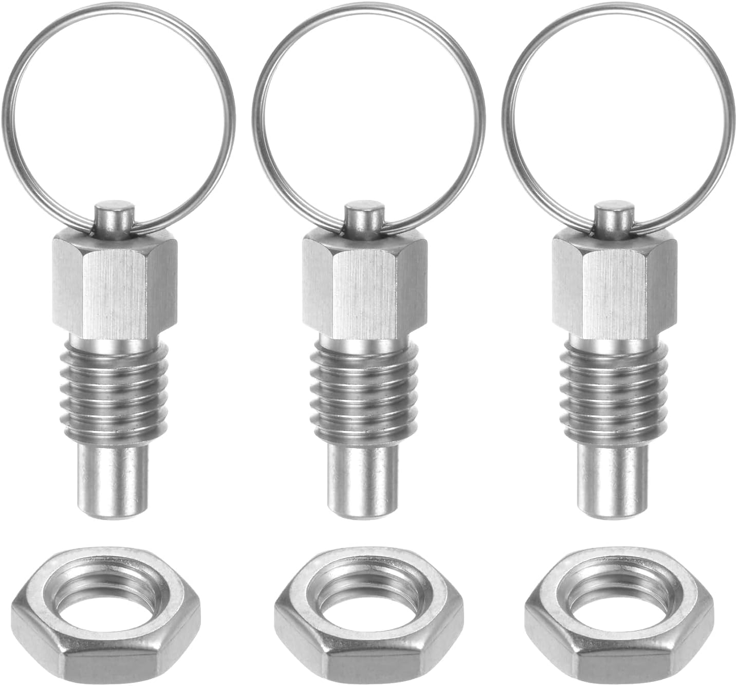 uxcell 3 Pcs Spring Plunger with Pull Ring 7/16 - 14 Thread Size 0.51" Thread Length Flat Head Stainless Steel Non-Locking Retractable Index Plunger Industrial Equipment Position Pin