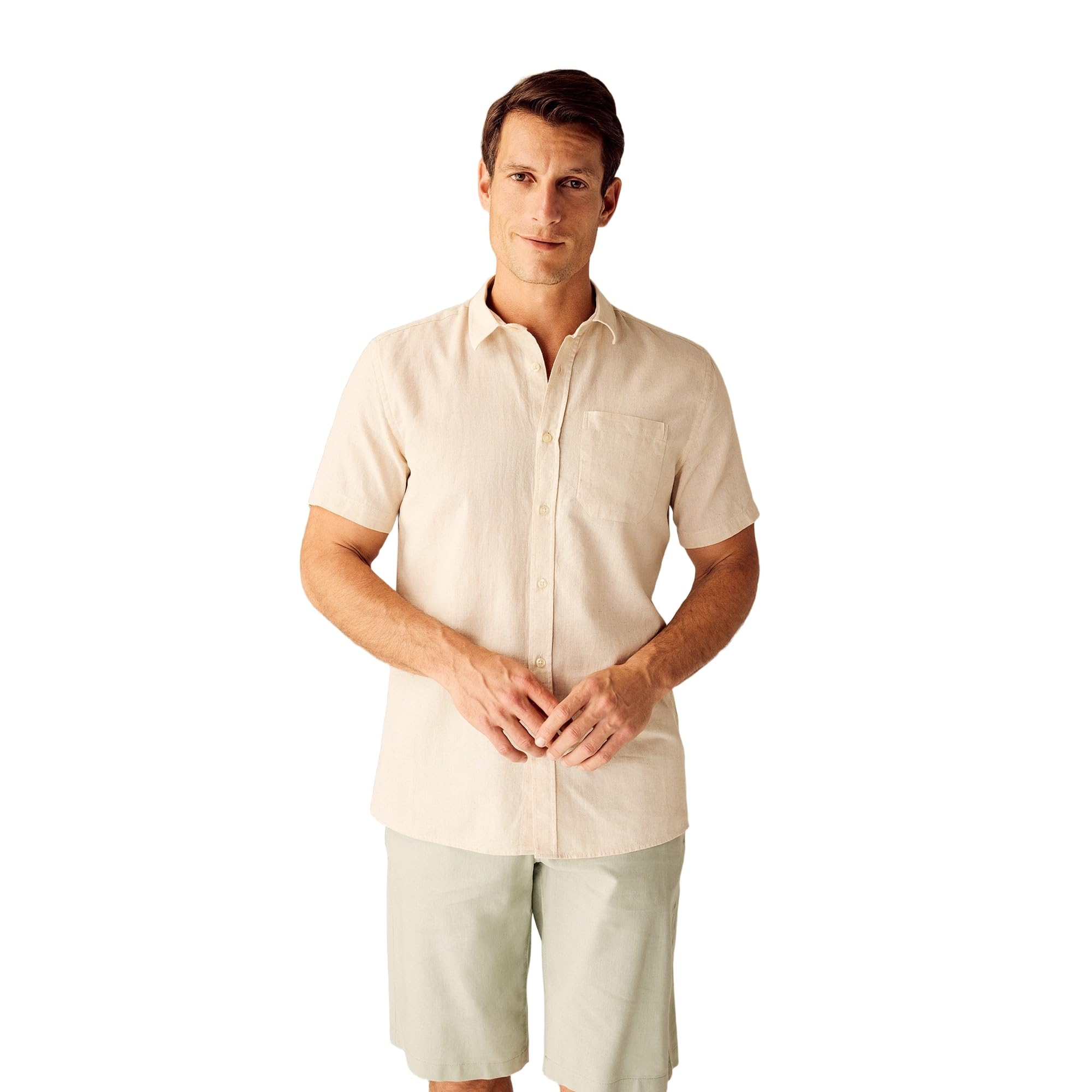 Erkek Regular Fit Polo Yaka Keten Karışımlı Kısa Kollu Gömlek
