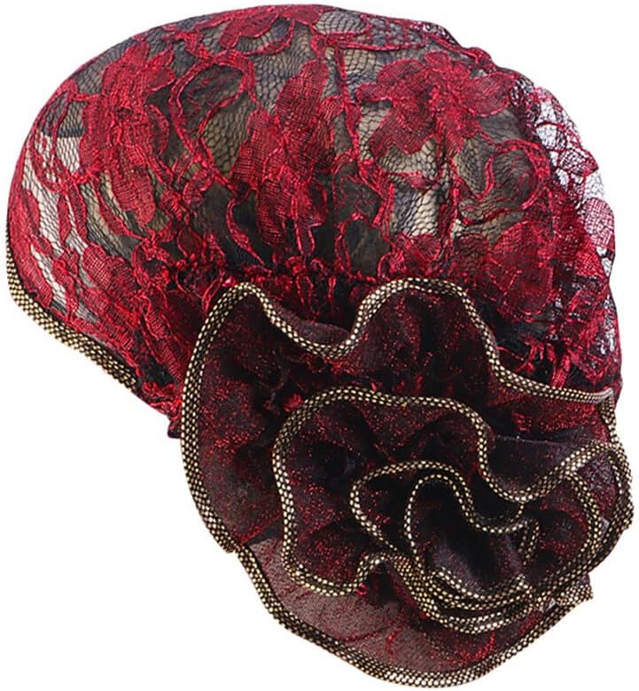Zcargel Women Lace Turban Hat, Muslim Stretch Head Scarf Wrap Cap Beanie Stretch Vintage Lace Beanie Hat Islamic Prayer Turban Hats, Wine Red+blue+silver - Image 2