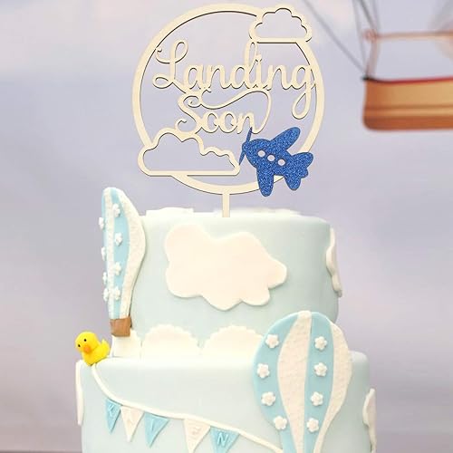 Miniatura 1 de Landing Soon - Decoración de madera para pastel de baby shower, decoración para tartas personalizada, tema de avión