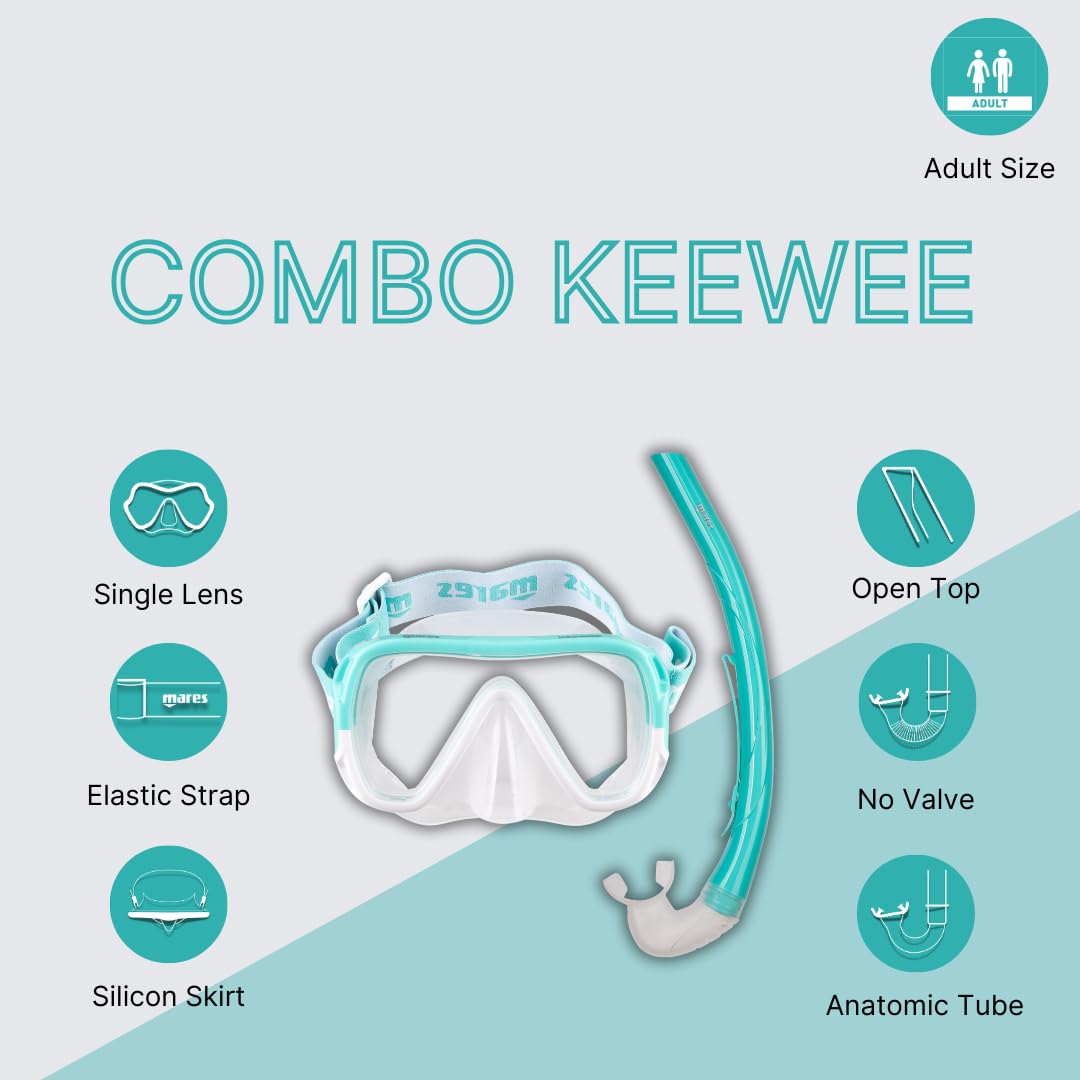 Mares Combo Keewee – Set Masque et Tuba Adulte, Masque à lentille Unique Silicone, Tuba Ergonomique avec Embout Silicone, Snorkeling et plongée Loisir