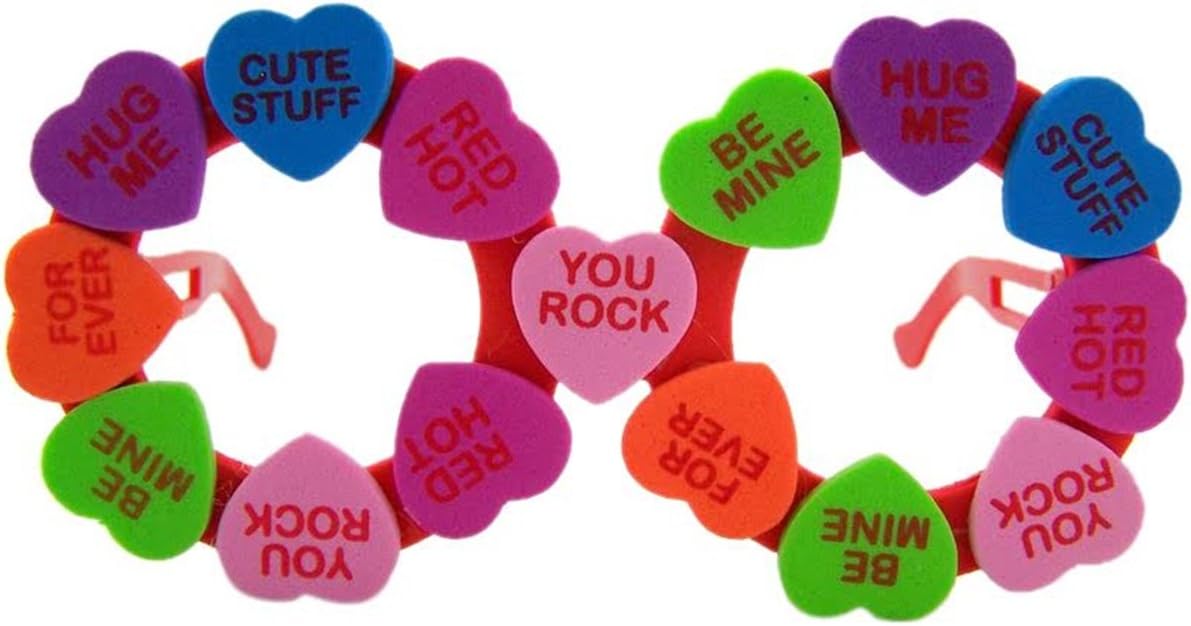 Valentine’s Day Novelty Eye Glasses with Multi Colored Foam Conversation Hearts, One Size