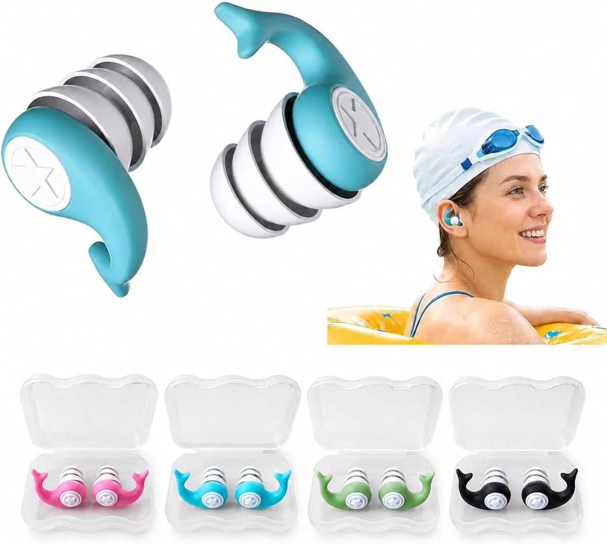 4 Pares de Tapones para los Oídos de Natación para Adultos, 2026 Tapones para los Oídos de Natación LSR Curados con Platino Mejorados, Impermeables y Reutilizables, Diseño de Delfín, Protección para los Oídos para Natación, Ducha, Surf, Buceo y Deportes Acuáticos