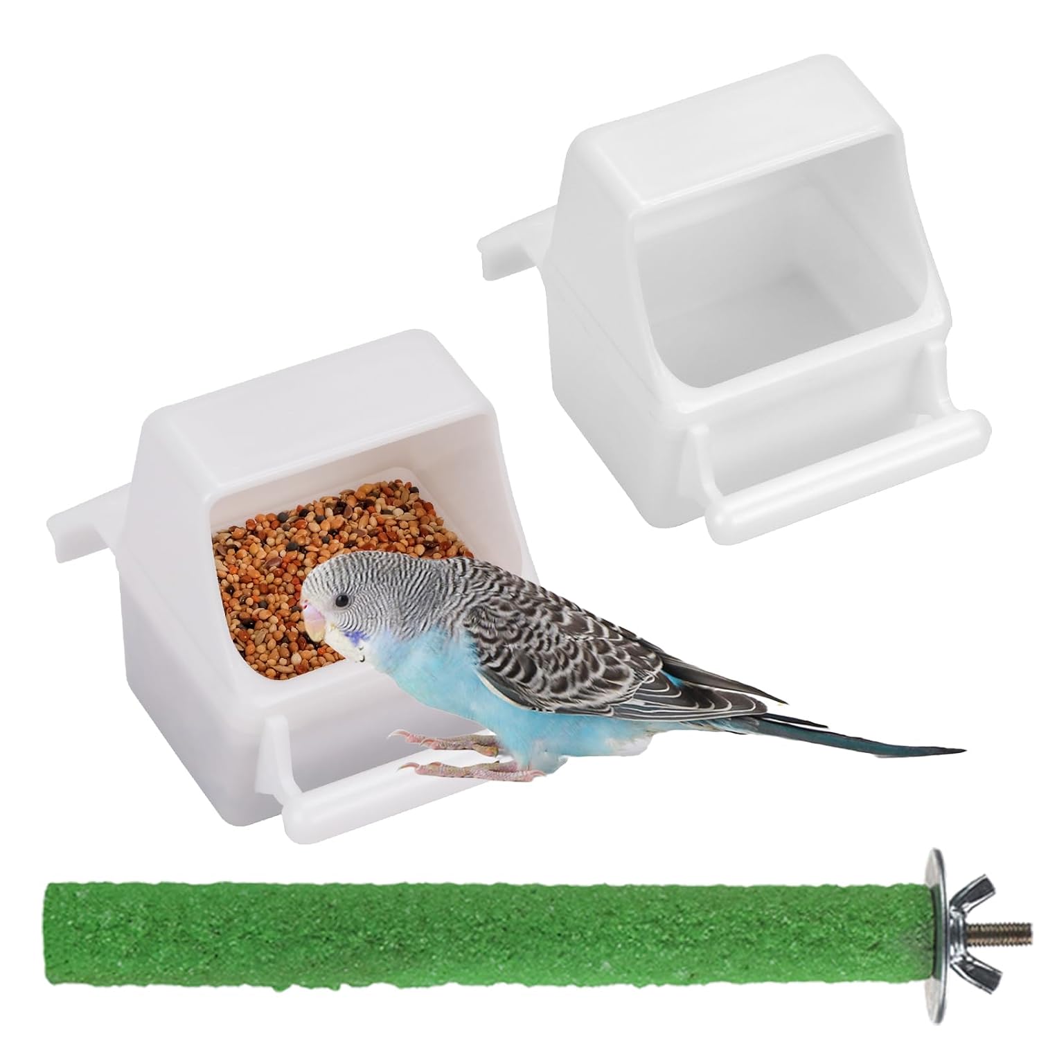 IBWell 2 Pack Bird Water Bowl Clear Bird Food Container Bird Cage Feeder No Mess Bird Feeder for Cage Parakeet Feeder with Perch, white