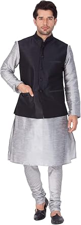 Royal Kurta Mens Silk Blend Kurta Pyjama Nehru Jacket Set 40 Black-Silver