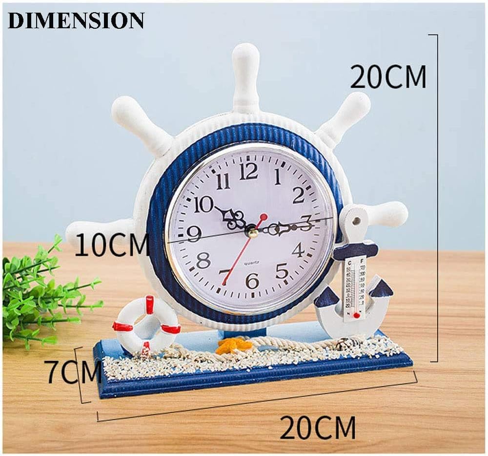 RTGGSEL Mediterranean Style Nautical Silent Desk Clock Lighthouse Helm Wooden Clocks Ship Wheel Rudder Shelf Clocks Beach Theme Clock Decor Ornament (7.87"x2.76"x7.87"-Helm Thermometer)