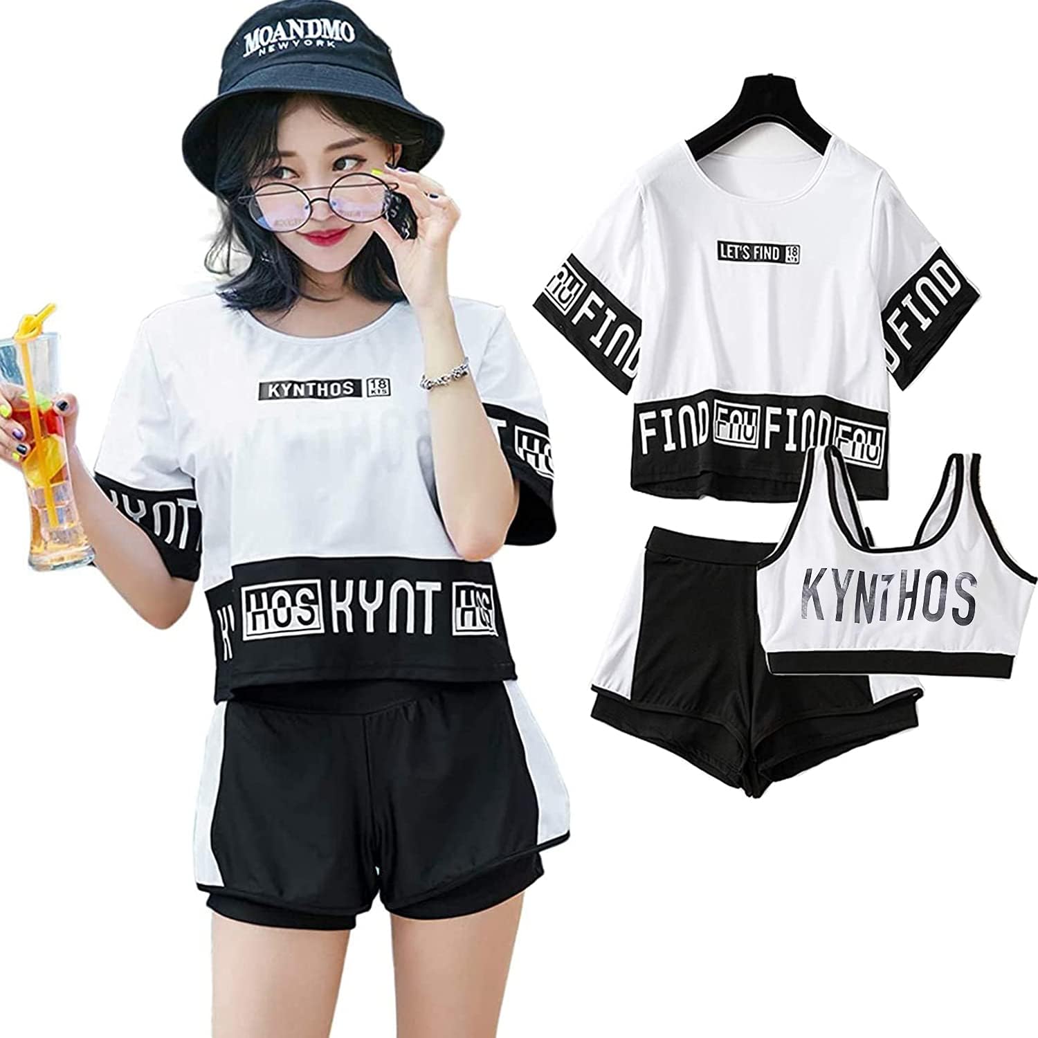 [SYitong] 水着 3点セット 体型カバー タンキニ フィットネス水着 半袖 UVカット 運動風 女性用 盛れる 夏 海 プール 旅行 スポーツ 水陸両用 水泳用 韓国風 10代 20代 30代 中学生 高校生 学生 ママ水着 普段着 女の子 かわいい