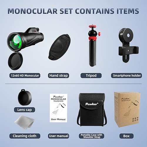 Miniatura 7 de Pankoo Telescopio monocular de 12 x 60 pulgadas de alta potencia con adaptador de smartphone trípode y bolsa portátil monoculares de visión más