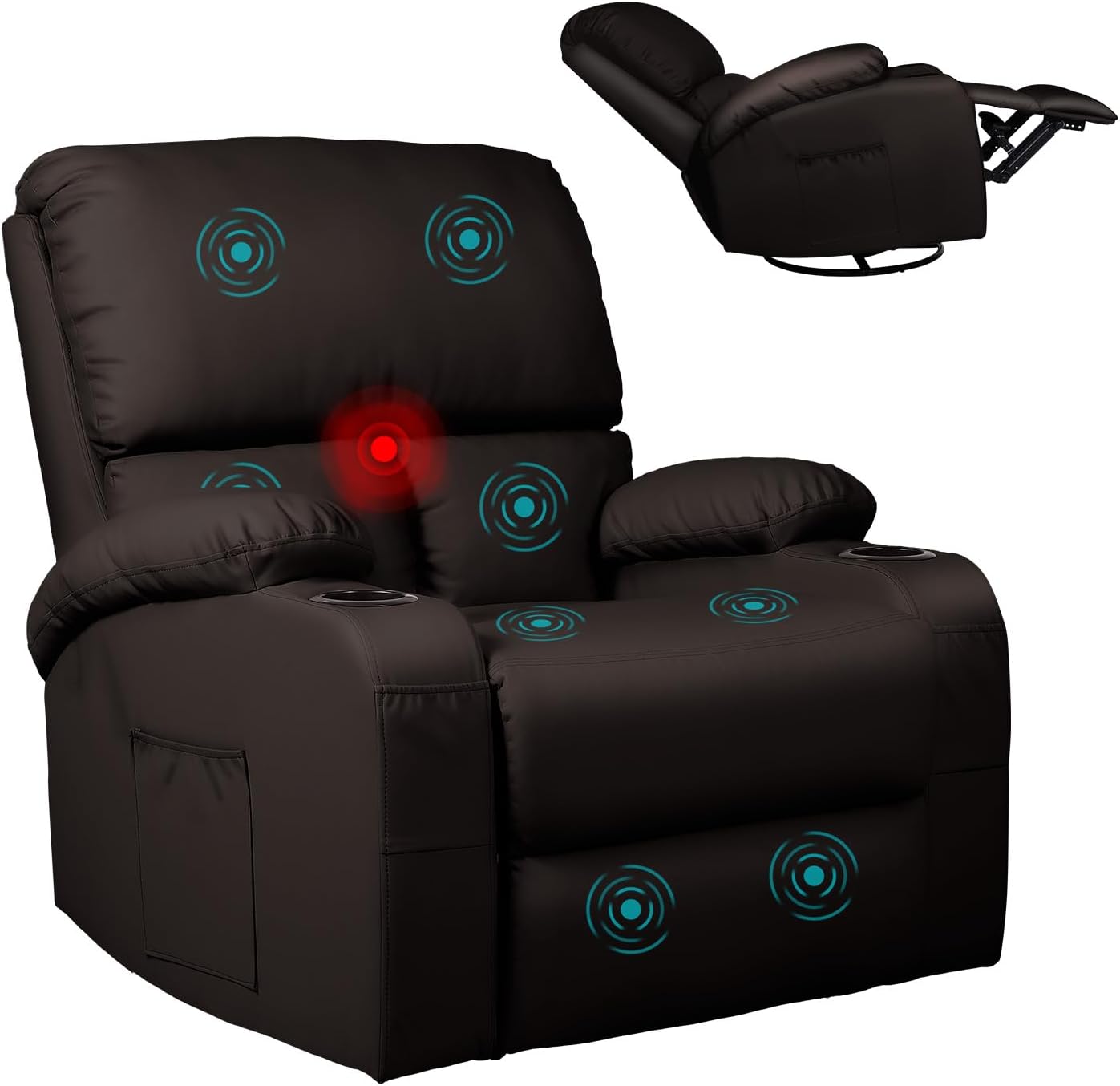 LEVELEVE Rocking Recliner Chair, Massage Rocker Recliner Chair with Vibration Massage and Heat, 360° Swivel Recliner Chairs, Living Room, Bedroom, Nursery, RV, Brwon