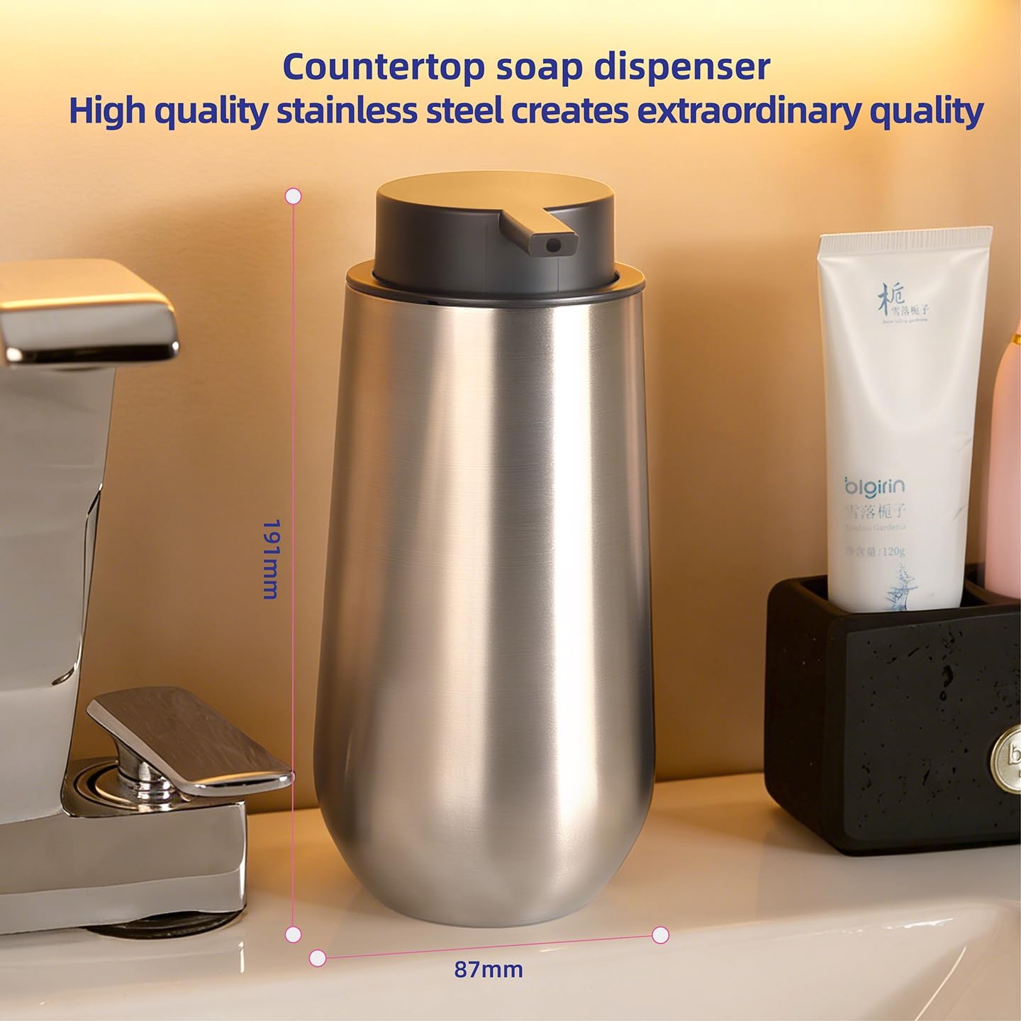 Thickened Double-Wall Stainless Steel Liquid Soap Dispenser for Dish Soap & Hand Soap, 15.2 oz (Brushed Stainless Steel)