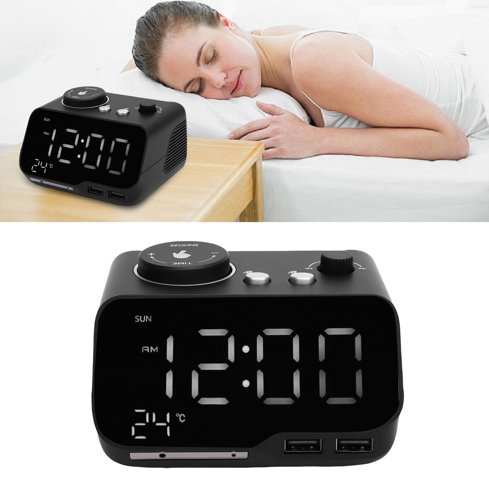 Reloj Despertador Digital con Altavoz Bluetooth 5.0, Radio FM, Alarmas Duales, Pantalla LED para Temperatura y Día Laborable, Brillo Ajustable, para Dormitorio Oficina (Enchufe de la UE)