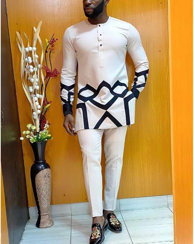 Men's Suit 2 Piece Set Tracksuit African Clothing Coats Pants Casual Robe Traditional Tops Shirt Long Sleeve Dashiki (Color : White, Size : 4X-Large)