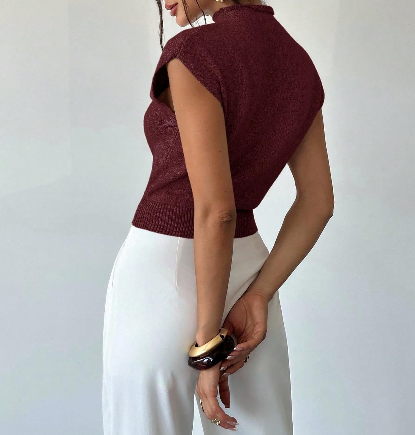 ZAFUL Women's Mock Neck Sweater Vest Cap Sleeve Casual Knit Pullover Tank Outfits Tops - Image 3