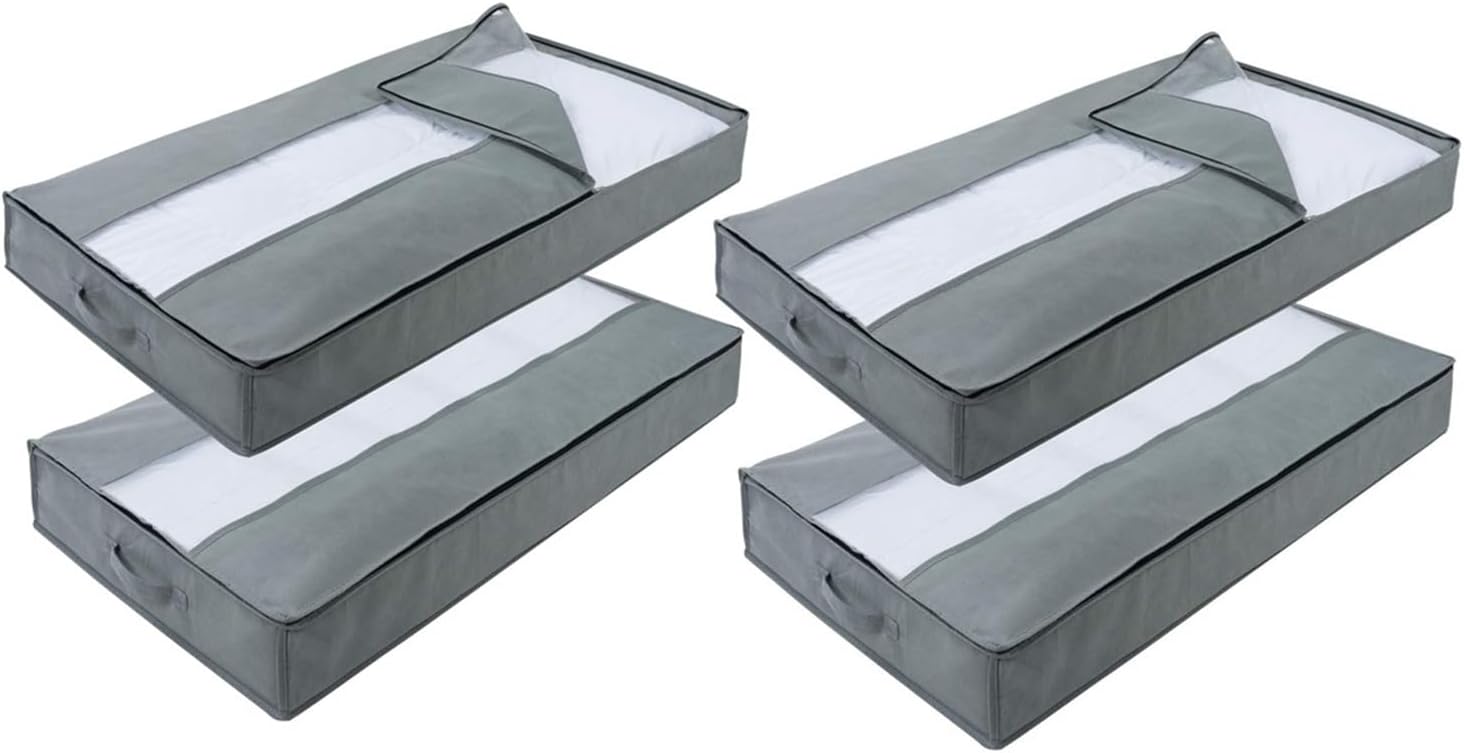 Large Capacity Storage Bags, Under-Bed Storage Bins for Blanket Pillows Clothes Closet Organizer Containers with See-Through Window, 4 Pieces (Color : Gray)