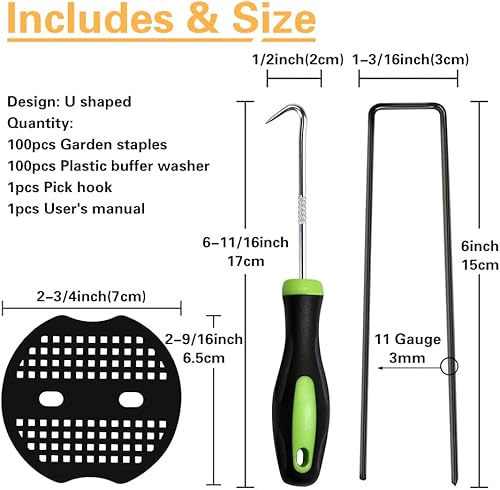 Miniatura 2 de 100 grapas negras para paisaje + 100 arandelas amortiguadoras, estacas de jardín de calibre 11 de 6 pulgadas, pasadores de césped galvanizados en