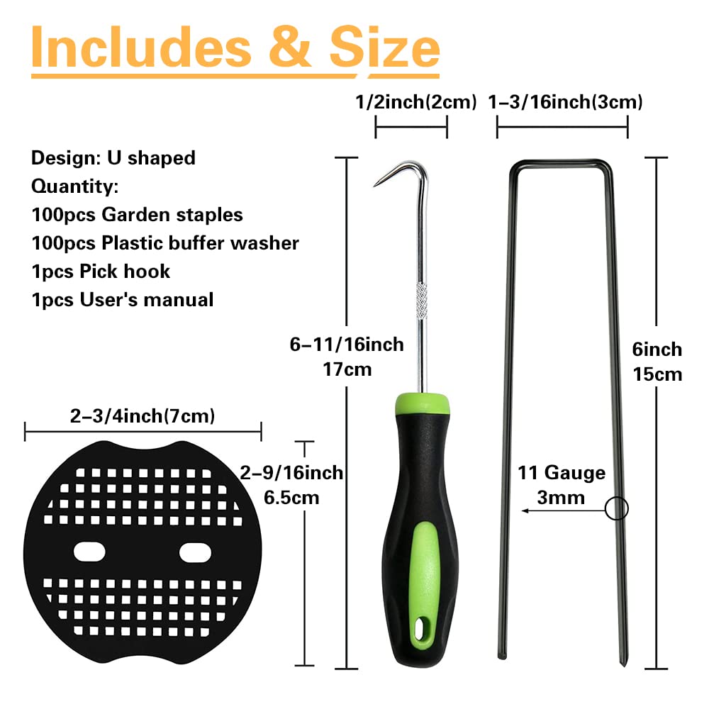 Bakulyor 100 graffette nere per paesaggi + 100 rondelle tampone, 11 calibro picchetti da giardino, a forma di U, perni per prato zincati resistenti per piante infestanti, decorazioni in tessuto
