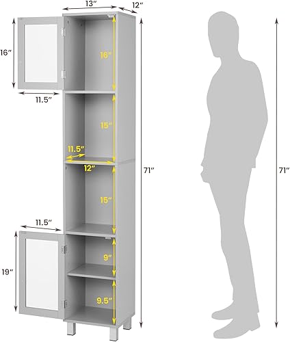Miniatura 3 de Tangkula Armario alto de baño, armario de almacenamiento de madera para sala de estar, con 4 estantes y 2 puertas con paneles de vidrio, adecuado
