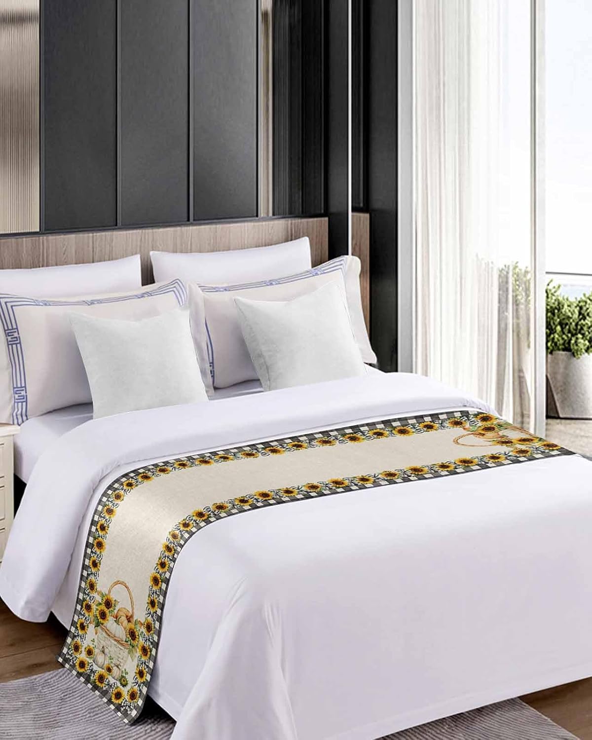 Fall Sunflower Pumpkin Bed Runners for Bedroom Hotel,Decorative Bedding Scarf Retro Linen Checkered Bow Plant Bed End Blanket Bedding Runner Scarves for Queen Size Beds,94x20in