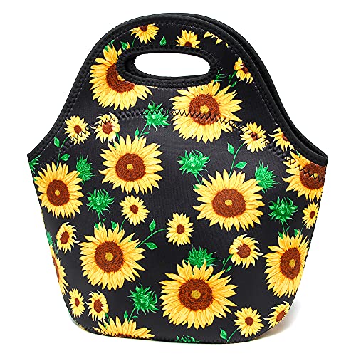 Neoprene Lunch Bags Insulated Lunch Tote Bags for Women Washable lunch container box for work picnic Lightweight Meal Prep Bags for Men Women (Green sunflowers, Neoprene)