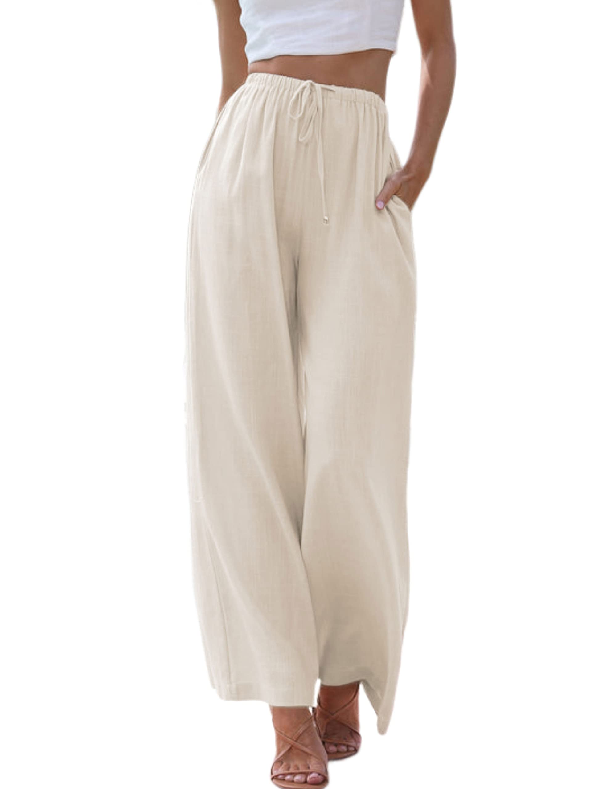 Tanming Wide Leg Linen Pants for Women Summer Flowy High Waisted Beach Palazzo Trousers