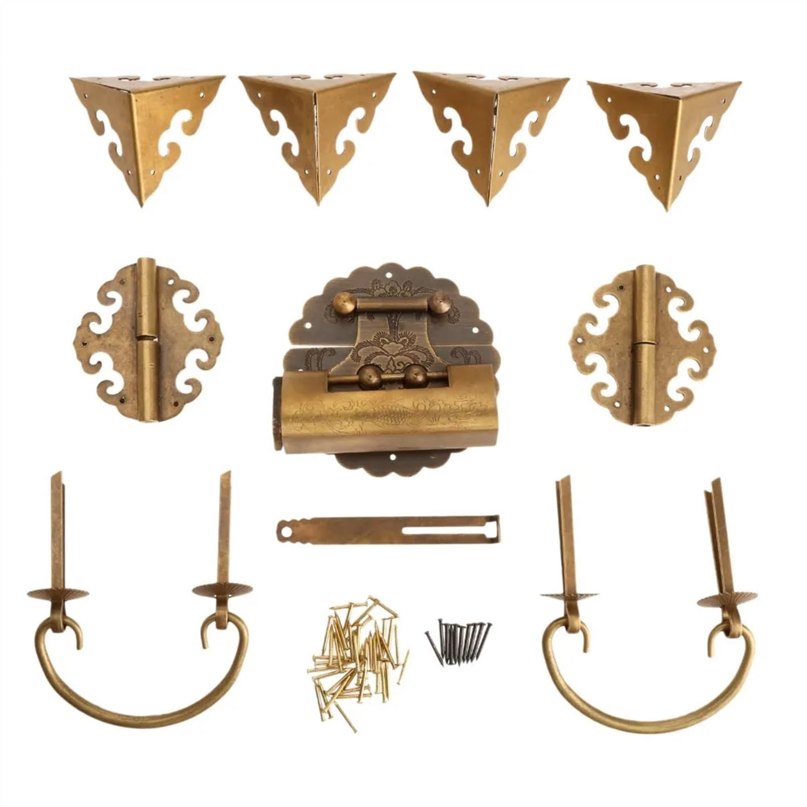 Juego de herrajes for Muebles de latón, perillas y manijas de Caja de Madera, bisagras, pestillo, Cerradura, Pasador en Forma de U y Protector de Esquinas