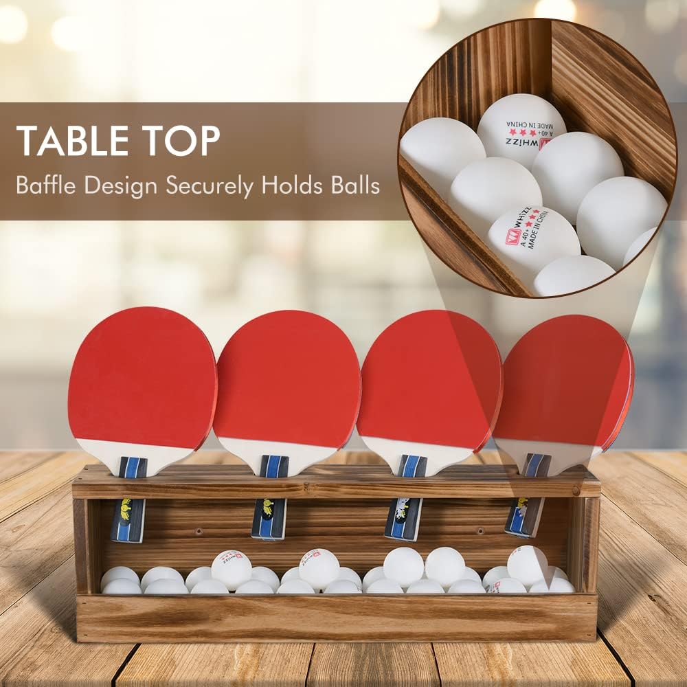 Ping Pong Paddle Storage Rack - Table Tennis Racket Display Wall Mounted Holder for 4 Paddles and Balls in Bar, Game Room, Office Break Room, Garage, Bedroom, Home - Rustic Burnt