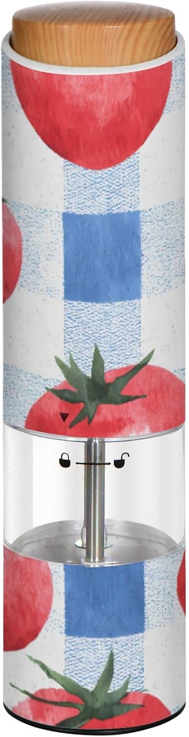 ALAZA Electric Pepper Grinder with Adjustable Coarseness, Tomato Pattern Battery Automatic Salt and Pepper Mill with Led, One-Handed Operation Spice Grinder for Kitchen, Camping & BBQ