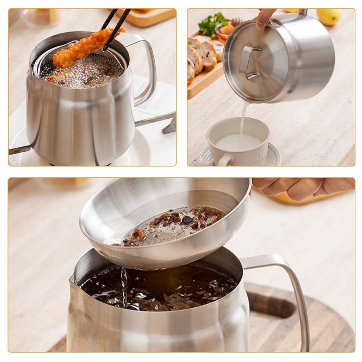 SHINEOFI Jarra de Aceite de Acero Inoxidable de 2l Filtro y Cesta para Freidora, Contenedor de Grasa para Cocina Familiar y Restaurante, Resistente y Fácil de Limpiar
