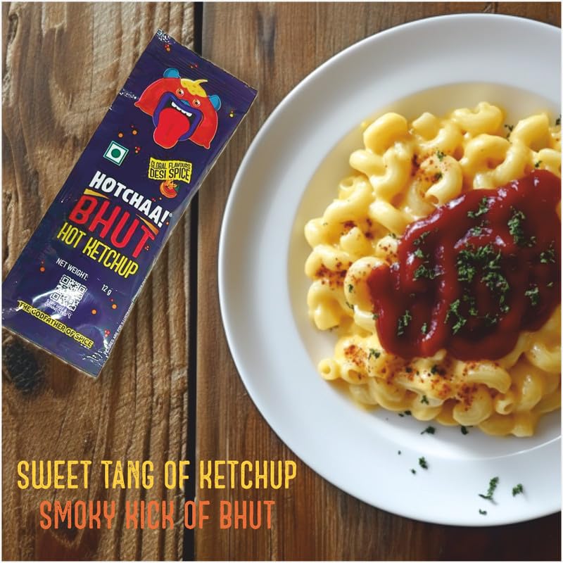 Image of HOTCHAA Bhut Hot Ketchup New Sachet (12g x 1) Single Use | Smoky | Tangy | Bold | Flavourful | With Bhut Jolokia | All-in-1 Ketchup | Vegan | No MSG | No Oil