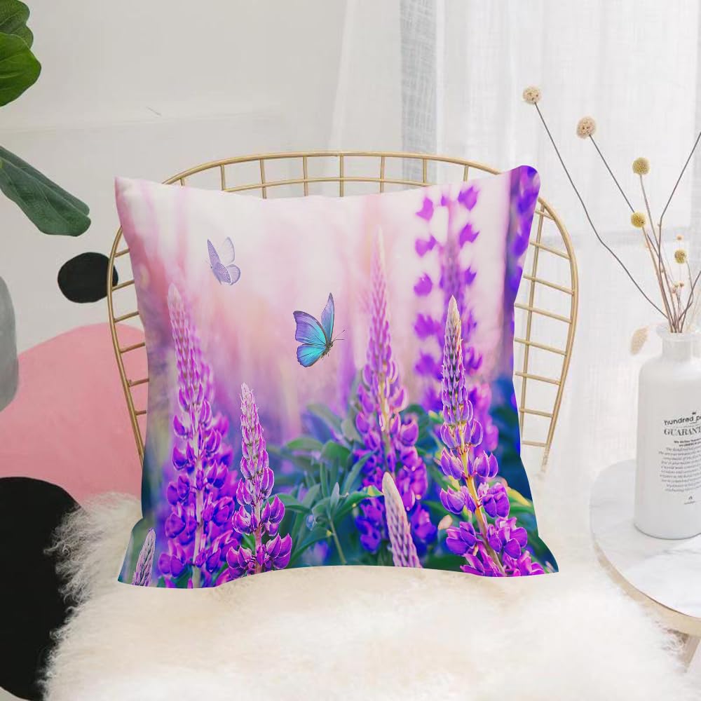 HYOSXW Cushion Cover,Throw Pillow Case Home Decorative for Living Room Bedroom Sofa Chair 16X16 Inch,Blue butterflies flutter among purple lupine flowers with beautiful atmospheric,Pillowcase 40X40cm
