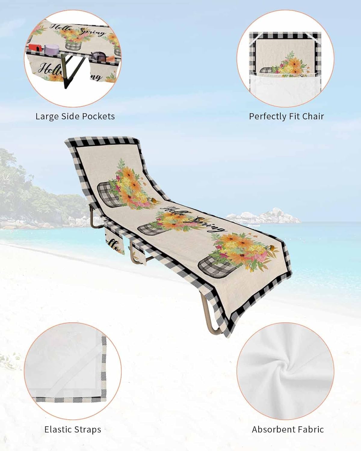Spring Floral Beach Pool Patio Lounge Chaise Chair Cover Towel With Pockets,Absorbent & Quick Dry Microfiber Towel Cover Bag Summer Accessories for Sunbathing Country Rustic Summer Buffalo Plaid Black