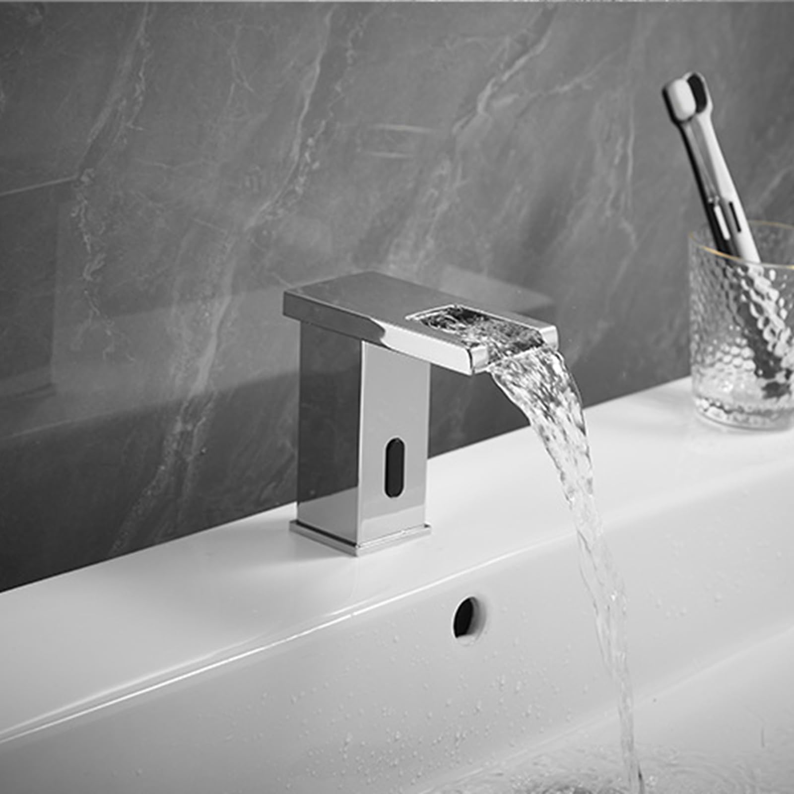 ZYCHSJXA Touchless Bathroom Faucet Waterfall Mixer Taps for Basin Stainless Steel Tap Battery Powered,Chrome,Low