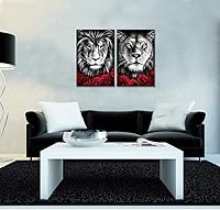 Vista 2 de iHAPPYWALL Juego de 2 piezas de lienzo de león y leona, arte de pared de león blanco y negro, flores rojas, arte de animales para dormitorio
