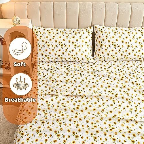 Image of Softan Floral Twin Size Sheet Set, Sunflower Printed Bed Sheets for Kids Girls, 3-Piece Microfiber Fitted Sheet with 15 inch Deep Pocket & Non-Slip Straps, Patterned Bedding Sheets & Pillowcase Set