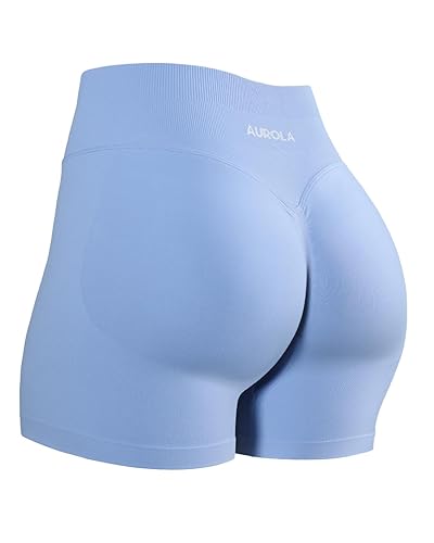 AUROLA Influence Workout Shorts for Women,2.5 3.5 4.5 5.5 6.5 No Roll Up Squat Proof Scrunch Seamless Compression Gym Short - 3.5" Inseam - Small - Airy Blue