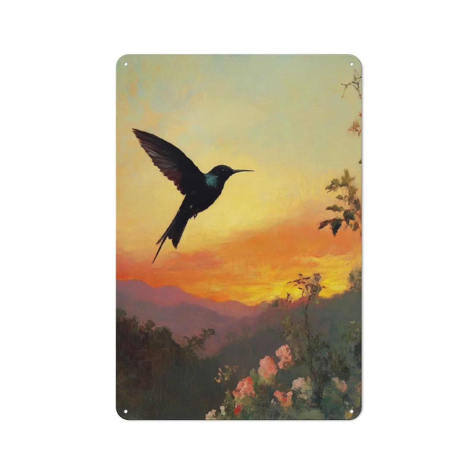 Junmoney Hummingbird Sunset Tin Wall Plaque 30X20cm With For Living Room Or Hallway, For Garage, Workshop And Man Cave Decoration
