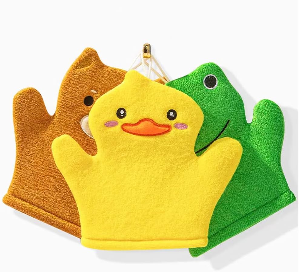 3 Pcs Loofah for Kids, Bath Sponge Set of Three, Gentle Exfoliating Glove Bath Time, Soft Animal Design with Duck Frog Bear Characters-image-6