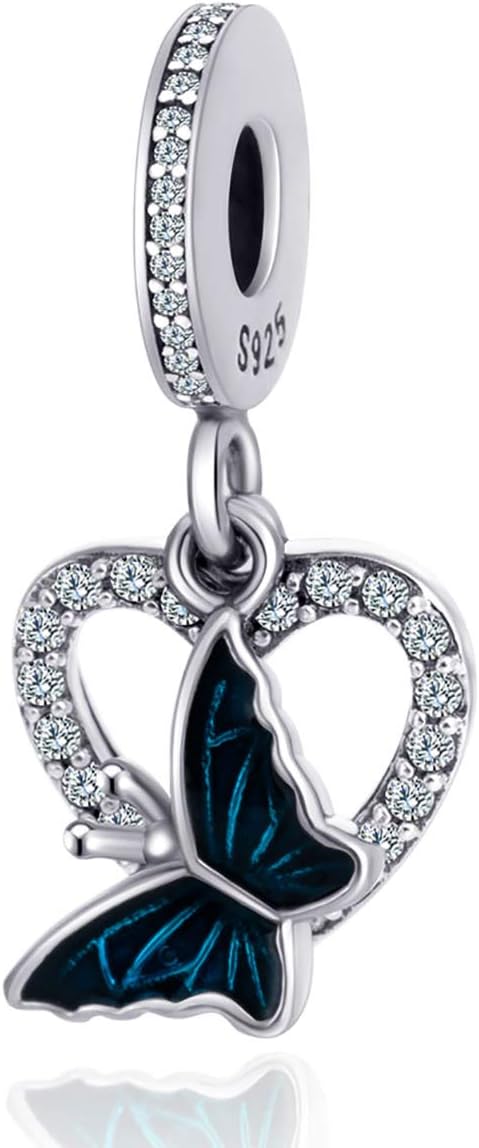 Sambaah バタフライチャーム スターリングシルバー エナメル加工 ラッキーチャームビーズ ハート型ダングルペンダント キュービ