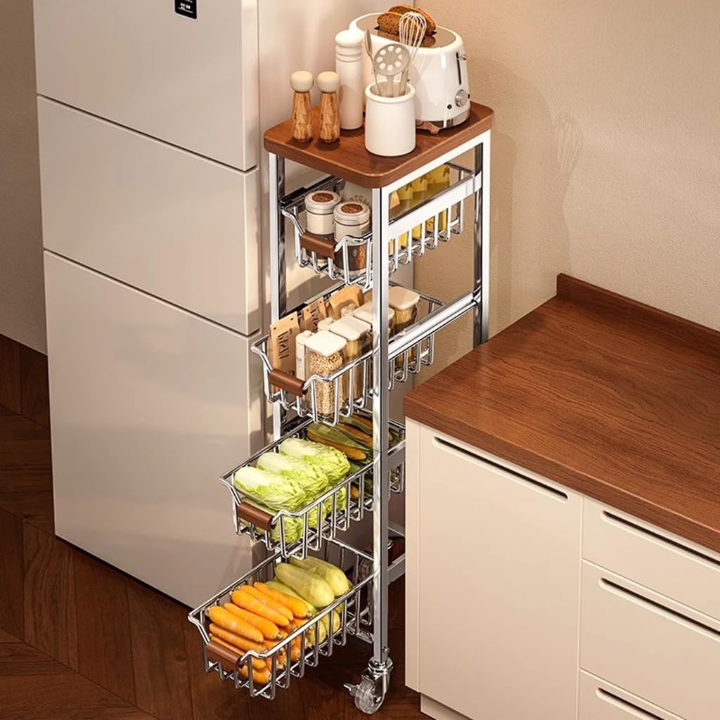 Ultra Slim 5-Tier Rolling Fruit & Vegetable Storage Cart with Removable Drawers, Narrow Metal Kitchen Organizer Cart on Wheels, Fruit Basket Stand & Fruteros para Cocina, Pantry Cart for Storage