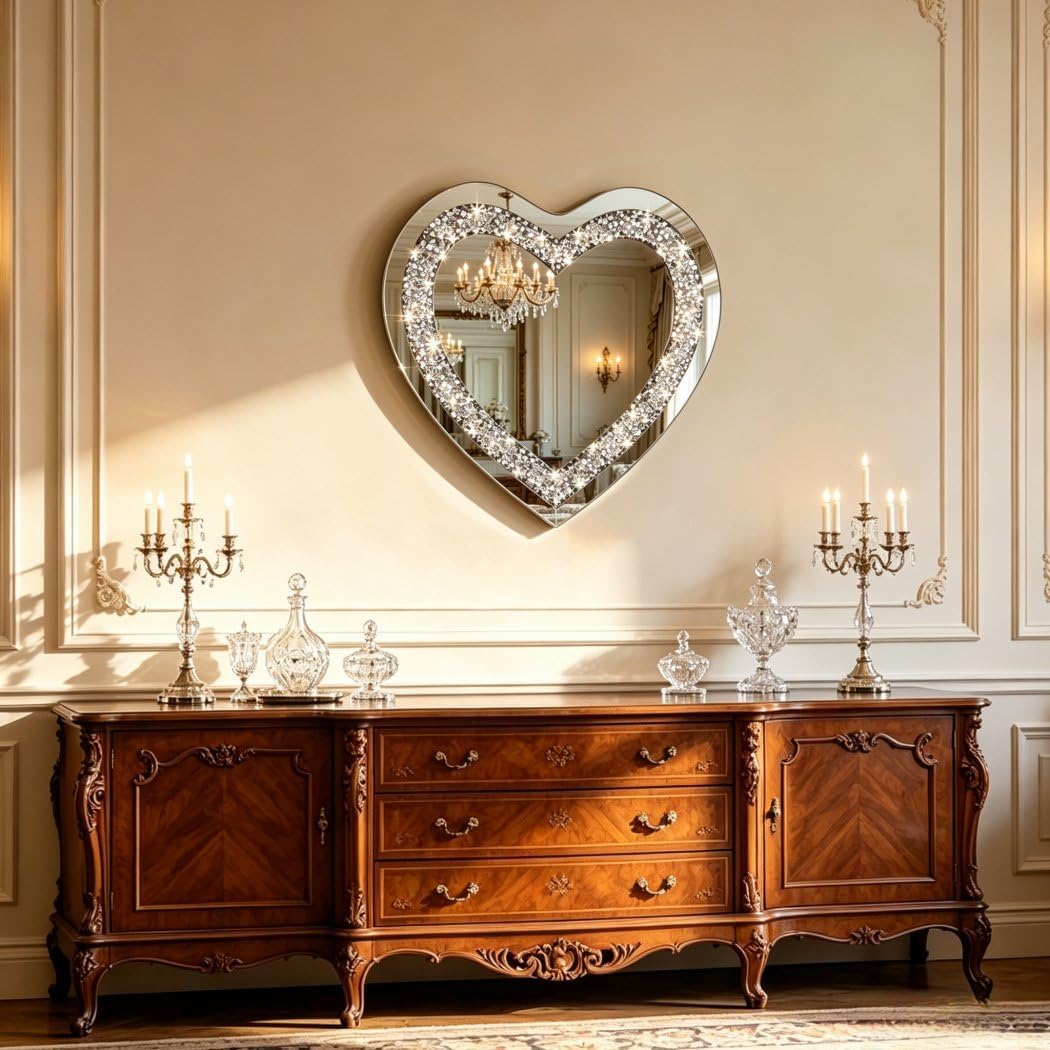 DMDFIRST Crystal Crush Diamond Heart Shaped Silver Mirror for Wall Decoration 20x20x1 inch Wall Hang Frameless Mirror Acrylic Diamond Décor. image 5