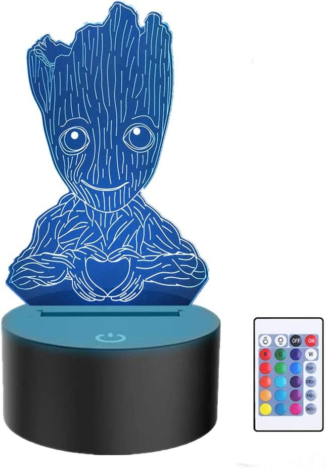 Groot 3D Night Light,Kids 7 Color Touching Decor Table Light,Optical Illusion 16 Colors Change with Remote Control Birthday Gifts for Baby Amazing Light (16 Colors with RF)