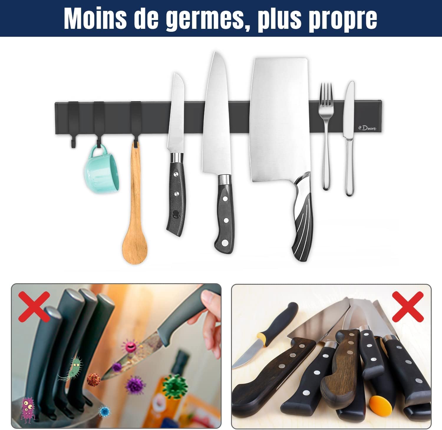 Porte Couteaux Aimanté Dmore avec 3 crochets, Range outeaux noire de 40 cm sans perçage, Extra-Fort aimant couteau, installation facultative avec bande adhésive ou vis pour une cuisine bien rangée